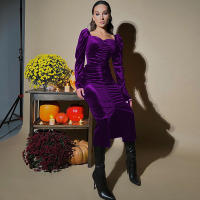 Vestido De Veludo Para Mujeres Estilo De Moda De Otoño Con Mangas Infladas Y Corte Ajustado Con Abertura Lateral - details 4