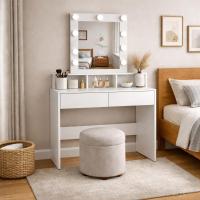 Makeup Vanity with Light | Dressing Table with Mirror, 2 Drawers and Storage Shelves | Modern White Makeup Table for Bedroom, Cosmetic and Jewelry Organizer - details 7