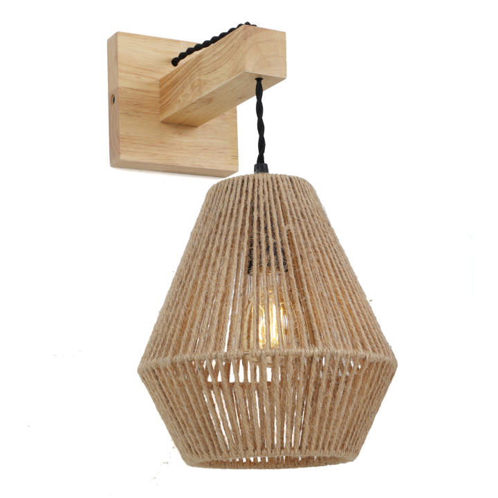 Aplique de pared de madera  con pantalla de cuerda de yute – Estilo natural boho, casquillo E27 “ROMEO”