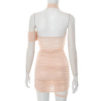 CUTENOVA Vestido Corto De Mujer En Color Sólido Con Parche De Malla Y Cuello Colgante Sin Espalda De Encaje Asimétrico Y Pleated Para Verano - details 4