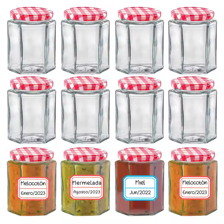 MundoTarros - Tarros de Cristal Hexagonales con Tapa Herméticos de 95ml - Incluye Etiquetas - Aptos para Lavavajillas - Tarritos resistentes Ideales para Mermeladas, Miel, Especias, Cremas... - 1