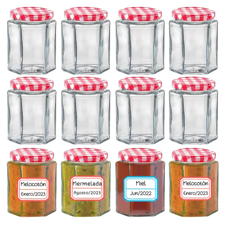 MundoTarros - Tarros de Cristal Hexagonales con Tapa Herméticos de 95ml - Incluye Etiquetas - Aptos para Lavavajillas - Tarritos resistentes Ideales para Mermeladas, Miel, Especias, Cremas... - 1