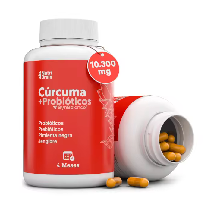 Cúrcuma con PROBIÓTICOS y PREBIÓTICOS  Muy Alta Concentración (superior al 95%)  10300 mg  Antiinflamatorio para Bienestar Articular, Muscular, Óseo y Digestivo  125 días  Solo 1 cap/día  NUTRIBRAIN - 1