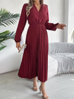 Vestido Largo De Mujer Elegante Con Tres V-Neck Y Cintura Ajustada Estilo Europeo Y Americano Para Otoño E Invierno - details 15