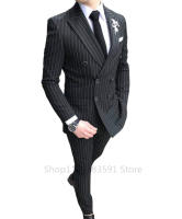 Traje De Novia Casual Para Hombre Con Rayas Lujo Británico Slim Fit Calidad Business Social Club Traje De Compra Homme De Algodón Y Lana - details 3