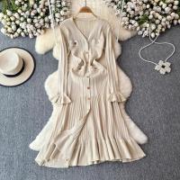 YuooMuoo Vestido Maxi Tejido Otoño Invierno Mujer Elegante V-cuello Botones Cintura Delgada Volantes Suéter Vestido Fiesta - details 1