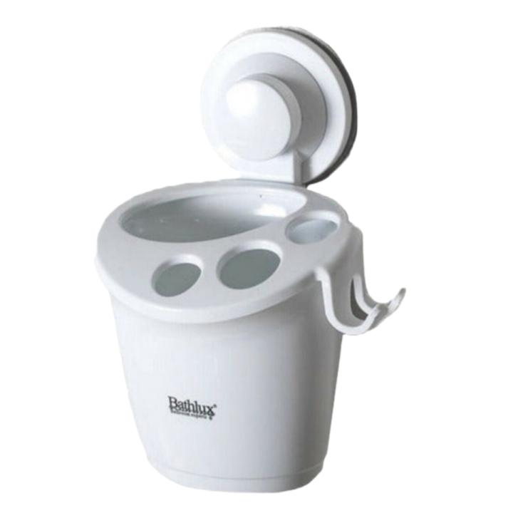 ZYLX SHOPPING – Portacepillos de Baño con Ventosa sin Taladro Bathlux , Soporte con Tapa y Ganchos, Color Blanco