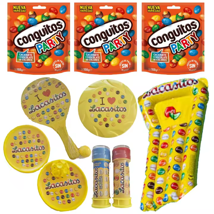 Pack vacaciones Lacasitos y Conguitos:3 party doyPack 168g,palas con ventosa y con pelota , pompero,frisbee y colchoneta - 1