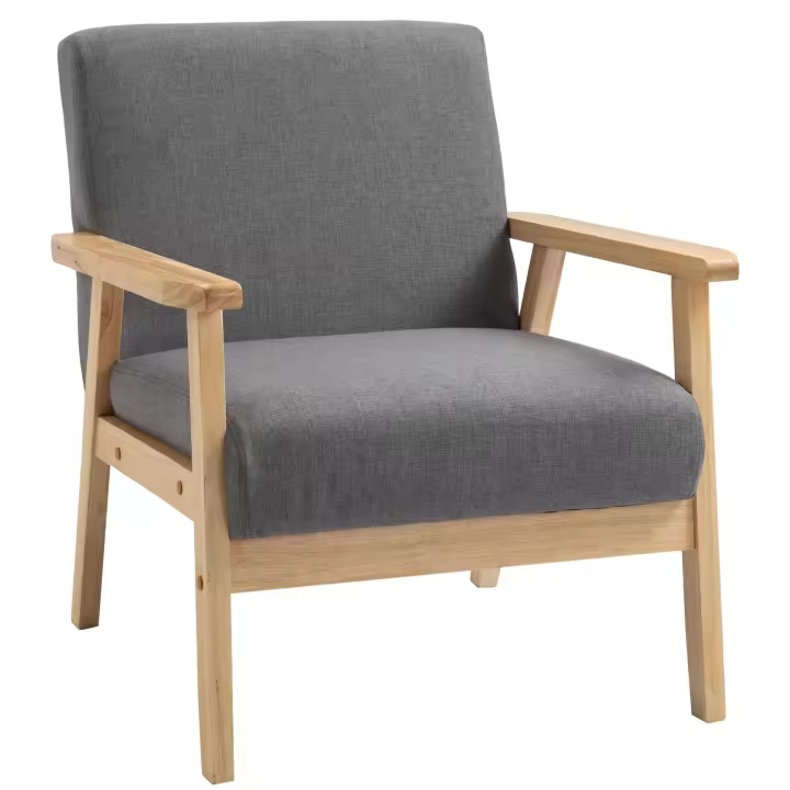 HOMCOM Sillón de orejas, silla de comedor, sillón con reposabrazos, sillón tapizado con aspecto de lino, RelSillón ax para dormitorio, sala de estar, madera maciza, gris, 64 x 70 x 72 cm - 1