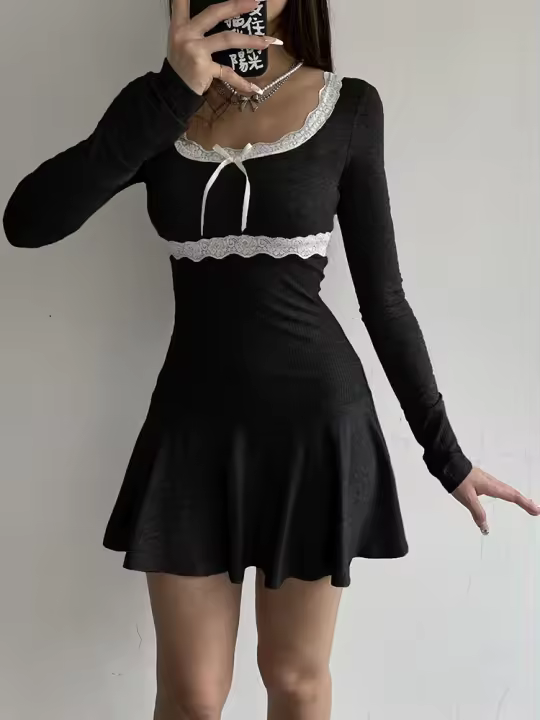 Vestido Mini De Encaje Con Estampado Patchwork Dulce Para Mujer Cuello Cuadrado Manga Larga A-Line Casual Primavera Otoño - 1