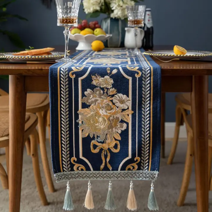 Camino de mesa de lujo con múltiples borlas, largo y elegante camino de mesa bordado en jacquard, bufanda de tocador (azul, 14 x 55 pulgadas) - 1
