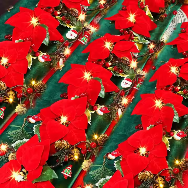 Guirnalda De Flores De Navidad LED 2M Con Poinsettia Rojas Y Hojas De Hollejo Con Led 10 Luces Pilas Incluidas Para Decoración Del Hogar - 1
