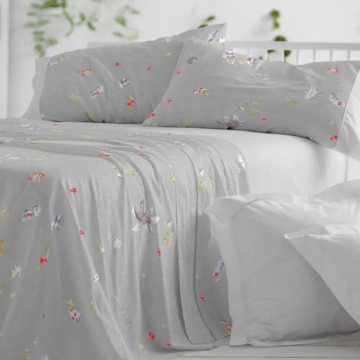 Juego de sábanas 100% Algodón. Disponible en cama de 90, 105, 135, 150-160 y 180cm. Color Gris y lino. Tejido algodón extrasuave. - 1