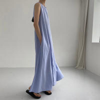 Vestido Maxi De Verano Para Mujer REALEFT 2024 Color Sólido Elegante Con Bolsillos Cintura Suelta Sin Mangas Casual Largo Hasta La Rodilla Material Algodón Y Poliéster - details 2