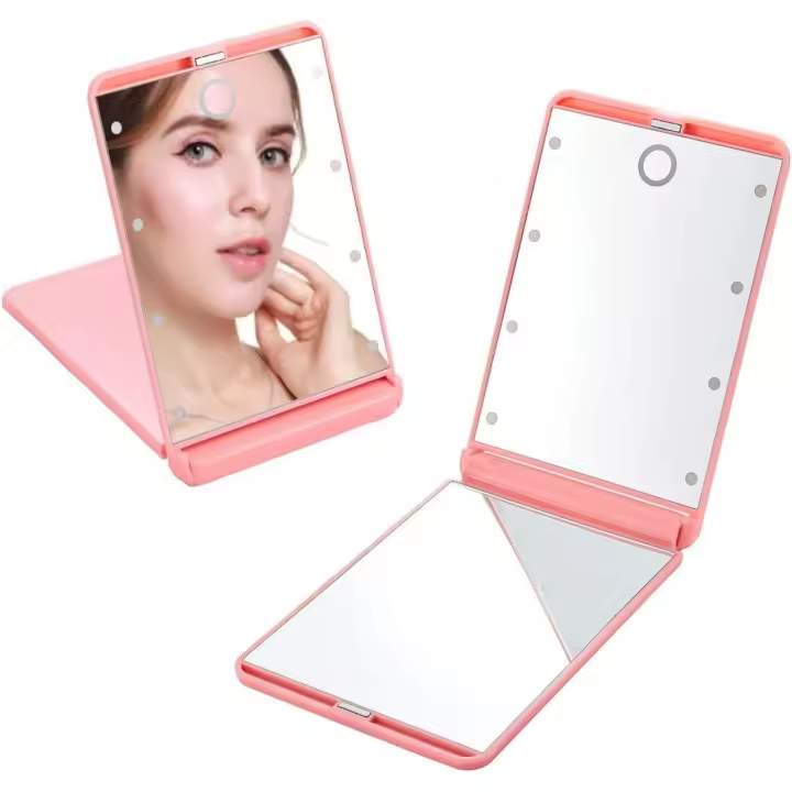 Espejo de maquillaje iluminado LED portátil con 8 luces LED regulables, Espejo de maquillaje de viaje con interruptor táctico, Espejo compacto plegable 1X y aumento 2X - 1