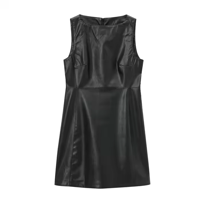 Vestido PU De Mujer Chic Negro Con Cierre De Cremallera En La Espalda Y Cuello Redondo Sin Mangas Estilo Slim Para Fiesta Y Club - 1