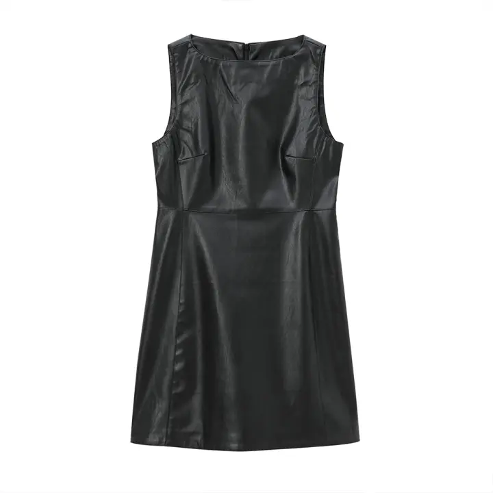 Vestido PU De Mujer Chic Negro Con Cierre De Cremallera En La Espalda Y Cuello Redondo Sin Mangas Estilo Slim Para Fiesta Y Club - 1