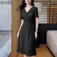 Vestido Midi Elegante De Verano Para Mujer ZANZEA Con Cuello V Y Manga Corta Vestido De Fiesta Trabajo OL Vestido De Seda Pleated - details 8
