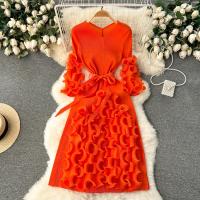 Vestido Elegante De Mujer 2024 Pleated Miyak Primavera Otoño V-Neck Suéter Beaded Exquisito Cinturón A-Line Midi Vintage Polyester - details 10