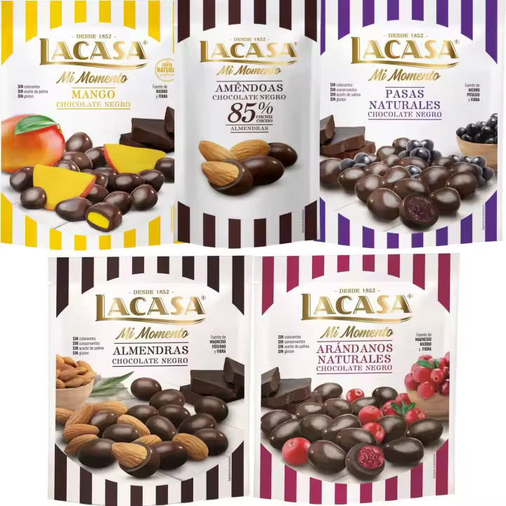 Lacasa Mi Momento pack de 5:Almendra 85% 65G,Arándano choco Negro 125G,Pasas choco Negro 150G,Almendra choco Negro 125G,Mango choco Negro 115G - 1