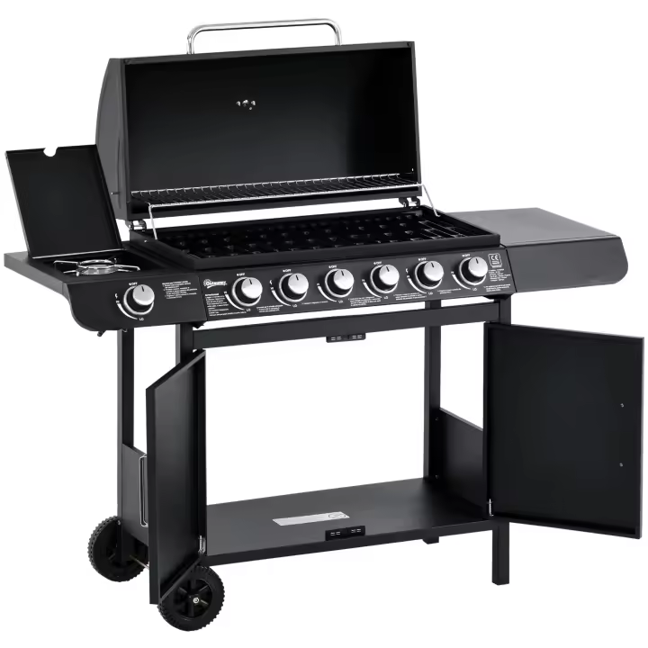 Outsunny Parrilla de Gas Carro para Barbacoa con 6 Quemadores 1 Quemador Lateral Gabinete Multifunción Metal Negro 135 x 50 x 100 cm - 1