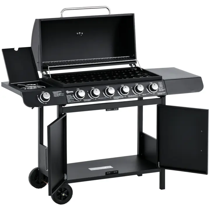 Outsunny Parrilla de Gas Carro para Barbacoa con 6 Quemadores 1 Quemador Lateral Gabinete Multifunción Metal Negro 135 x 50 x 100 cm - 1