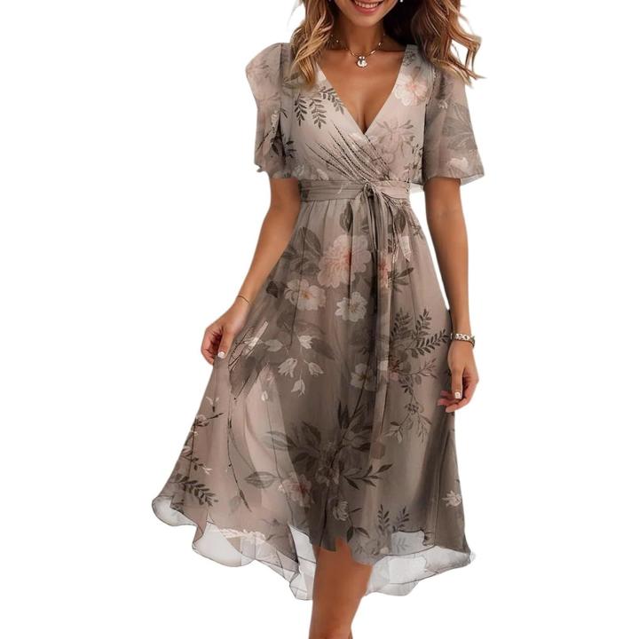 Vestidos Midi de Chifón para Mujer 2026, Clase, Cintura Alta, Línea A, Invitada a Boda, Manga Corta, Verano y Primavera, Boho, Playa