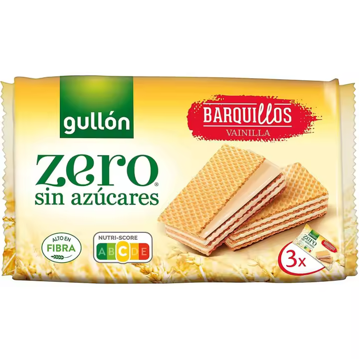 Barquillo Gullón Zero sin Azúcares Sabor Vainilla - Contiene 12 unidades de 180g o de 60g cada una - Tres capas de fina crema de vainilla separados por una deliciosa oblea. Son alto contenido en fibra y ZERO azúcares - 1