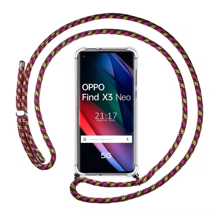 Tumundosmartphone Funda Colgante Transparente para Oppo Find X3 Neo 5G con Cordon Rosa / Dorado - 1