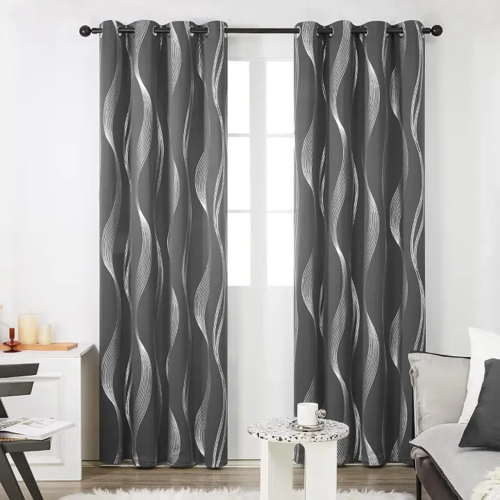 Juego de 2 Cortinas Patrón de Líneas Plateadas Interior con Ojales Oficina Adulto 132x244cm Cortina Hogar Cocina Anti Calor Frío Gris Oscuro Opaca Térmica - 1