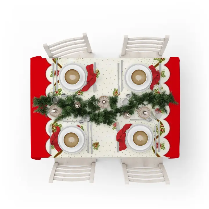 La fabrica de las telas-Mantel Navidad  color blanco y rojo. Dibujos laterales, tela algodón loneta, lavable, suave, tejido de calidad, cuadrado y rectangular.Decoración hogar, cocina, salon ,comedor, balcón. NOche buena, navidad, noche vieja. - 1