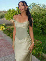 Vestido Maxi Sin Espalda Kliou Para Mujer Elegante Y Silky Simple De Hombros Descubiertos Sin Mangas Alineado Hasta La Rodilla Vestido De Fiesta De Calle Alta - details 11