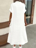 Vestido Casual De Verano Para Mujer Con Manga Corta Y Cuello En V Color Sólido Vestido Largo De Oficina Estilo Lady - details 3