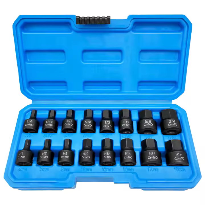 Juego De Destornilladores De Hexágono De Impacto Bajo Perfil 3/8 Pulgada 16 Piezas SAE/Metrica 1/4-3/4 Pulgada 6-19mm Acero Cr-Mo Construcción En Unidad - 1