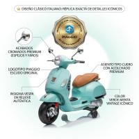 Moto Eléctrica Vespa Oficial para Niños 12V - Scooter Clásico Retro con Ruedines de Apoyo, Asiento de Cuero, Luces LED, Reproductor MP3/USB - Regalo Infantil (Verde Menta, 101x46x75 cm) - details 0