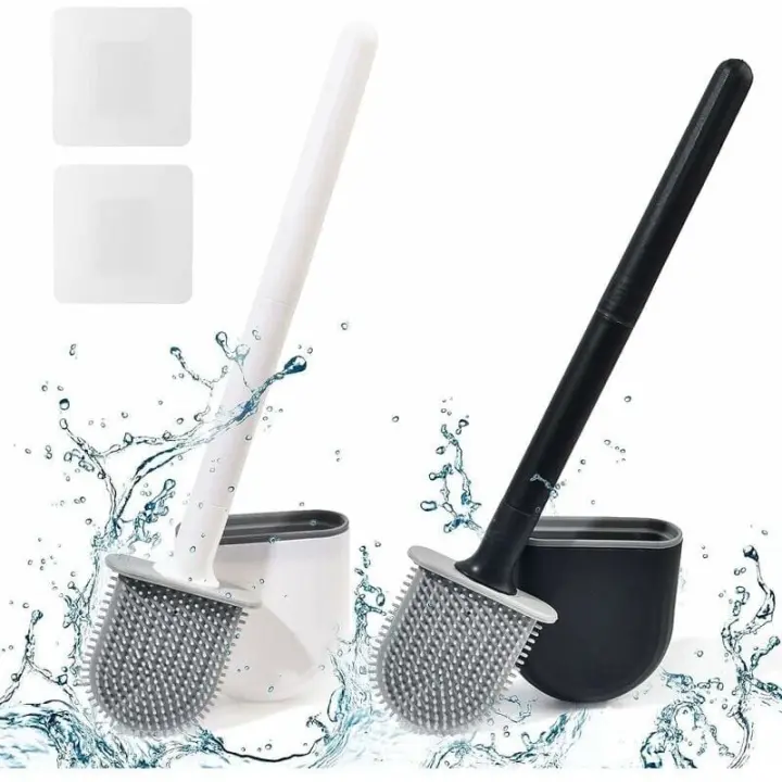 Escobilla de baño de silicona plana, paquete de 2, escobilla de baño y soportes, escobilla de baño montada en la pared, escobilla de baño de silicona negra + blanca - 1