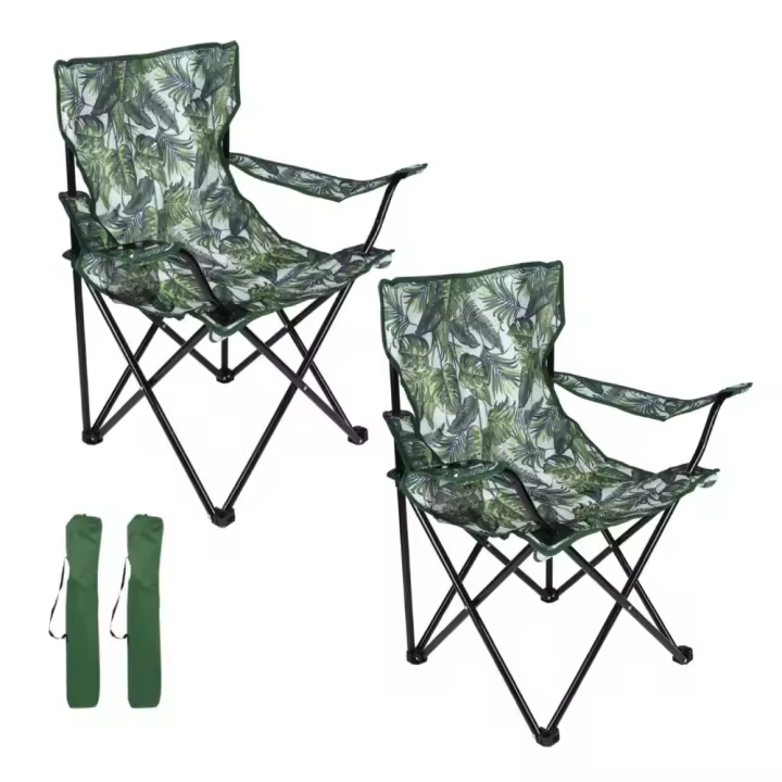 Conjunto de 2 Sillas Plegables para Camping y Playa con Reposabrazos y Portavasos Hojas Verdes- Resistente y Cómoda - 50x50x80cm - 1