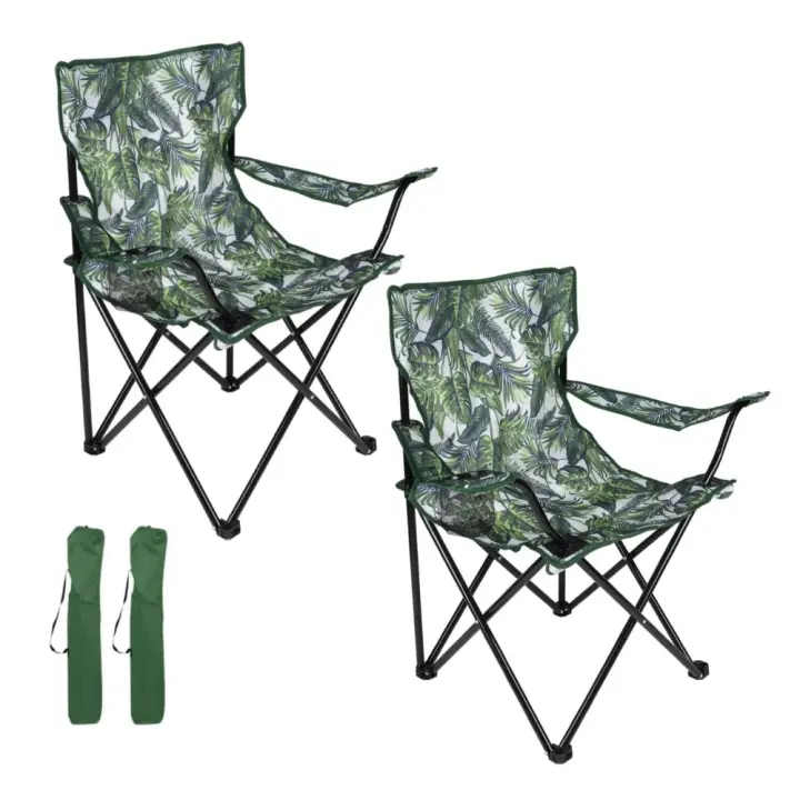 Conjunto de 2 Sillas Plegables para Camping y Playa con Reposabrazos y Portavasos Hojas Verdes- Resistente y Cómoda - 50x50x80cm - 1