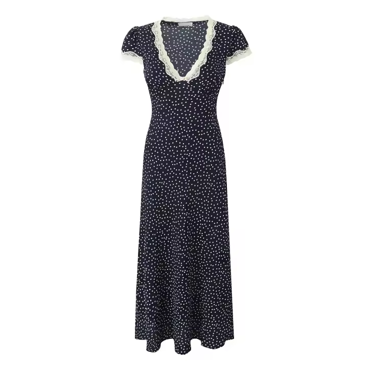 2025 Women Navy Blue Polka Dot Long Dress Lace Trim V Neck Short Sleeve A-line Elegant Holiday Dresses Summe Maxi Robe - 1