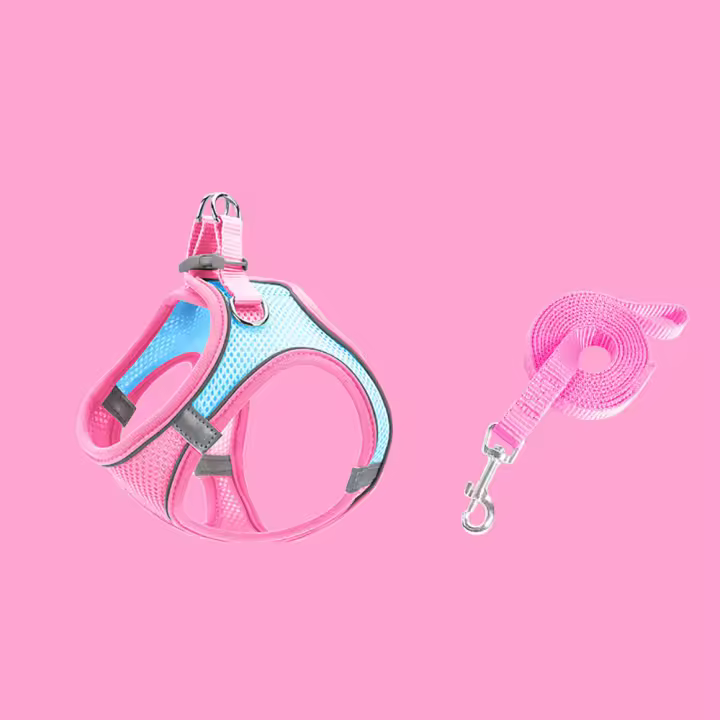 Correa para mascotas tipo chaleco, arnés para perros y gatos, cadena reflectante y transpirable para pasear perros (M, patchwork azul y rosa) - 1