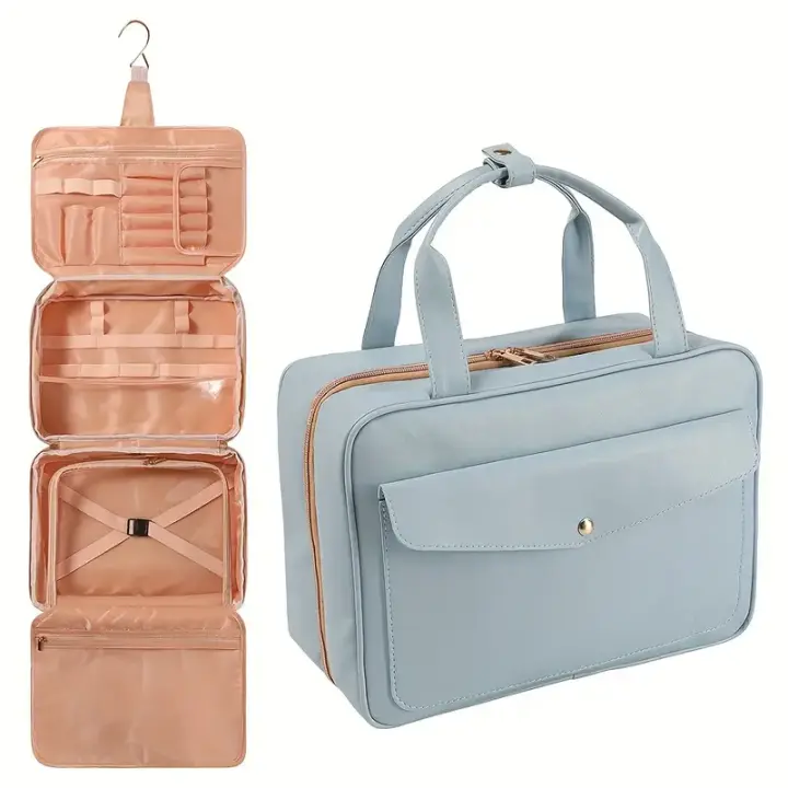 Bolsa de viaje de cuero artificial de moda, estuche de cosméticos de varios compartimentos con gancho rotativo de 360°, resistente al agua, ligero, plegable, doble asa, cierre de cremallera, fácil de limpiar - 1