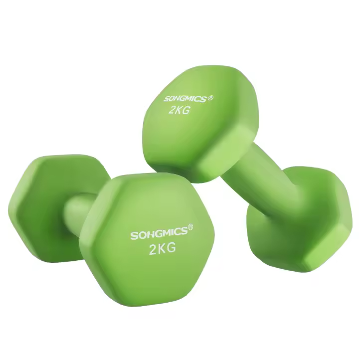 SONGMICS Juego de 2 mancuernas, mancuernas hexagonales, revestimiento de neopreno, entrenamiento de fuerza, entrenamiento, fitness, para casa, Violeta/Verde Lima/Azul Pálido - 1