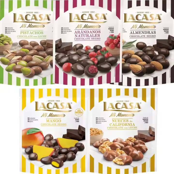 Lacasa Mi Momento pack de 5:Arándano choco Negro 125G,Nueces Leche 115G,Almendra choco Negro 125G,Pistacho Leche 100G,Mango choco Negro 115G - 1