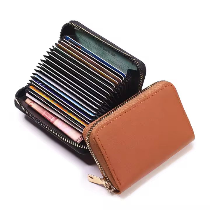 Cartera De Tarjetas De Negocio Para Hombres Y Mujeres En Gris PU Cuero Protegido Monedero Con Cierre De Cremallera 20 Espacios Para Tarjetas - 1
