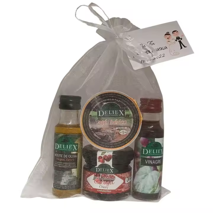 Deliex. Detalle combinado con Aceite de Oliva, vinagre, mermelada de cereza y monodosis de paté ibérico para regalar (Pack 24 ud) - 1