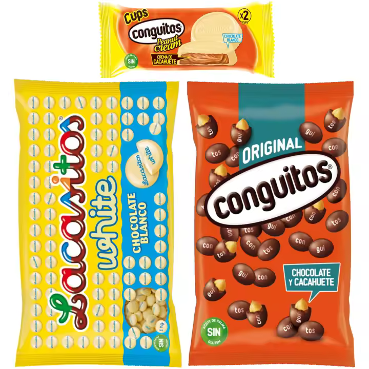Pack Lacasitos white bolsa 1kg,Conguitos negro bolsa 1kg,cups blanco 34g - 1