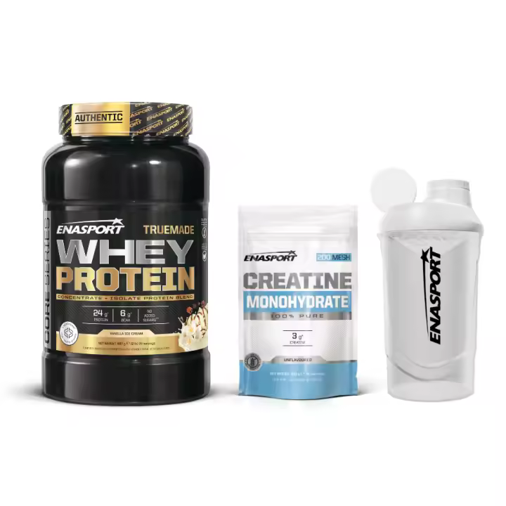 Pack Truemade Whey Protein 2lb + Creatina Monohidrato 150g + Enasport Shaker Wave Blanco 600 MLT - 1