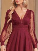 Vestido De Noche Elegante De Tulle Con Cuello En V Manga Larga Para Mujer Floor-Length Fiesta Cocktail Graduación Prom Chiffon - details 2