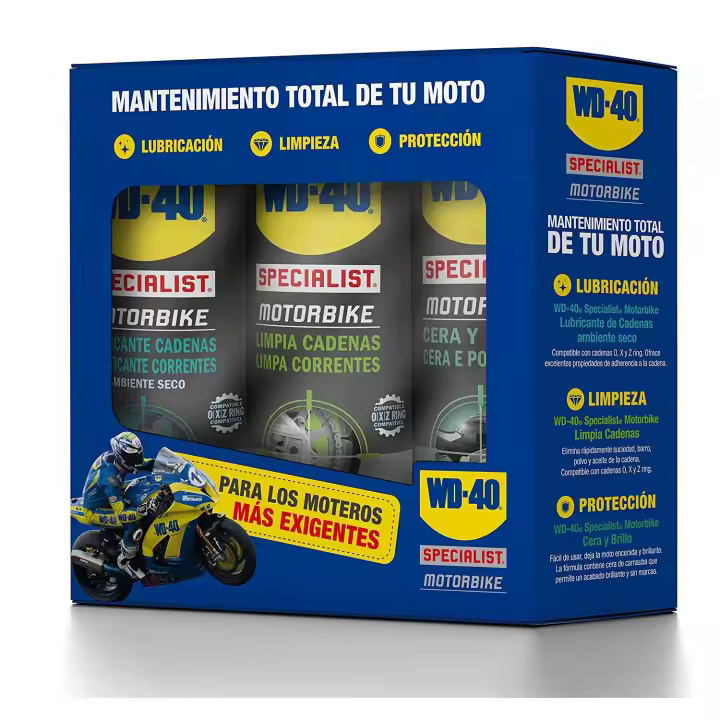 WD 40 WD-40 Specialist Motorbike Tripack para Ambiente Seco: Lubricante de Cadenas, Limpiador de Cadenas y Cera y Brillo para Mantenimiento Completo de Moto - 1