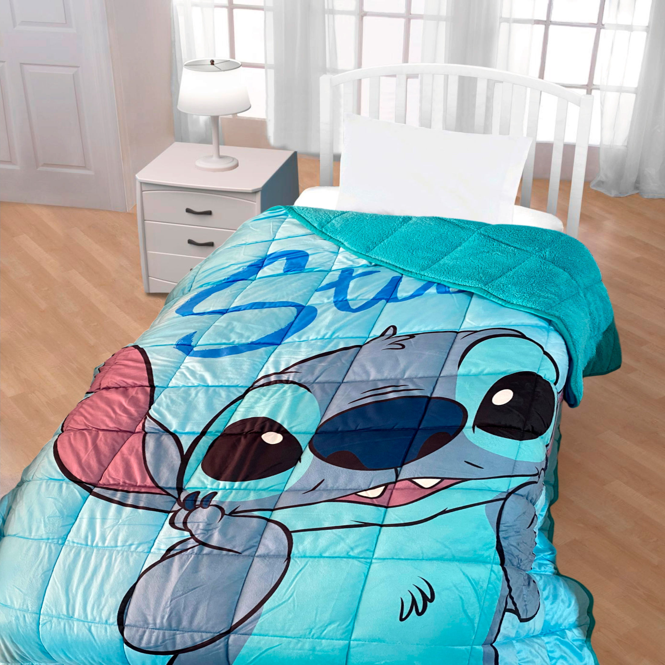 Stitch - Edredón Disney Stitch con Borrego y Sedalina Aterciopelada Invierno Licencia Oficial Disney 180 x 260 cm (90 - 105 cm) Tacto Suave Cálido Verde Agua